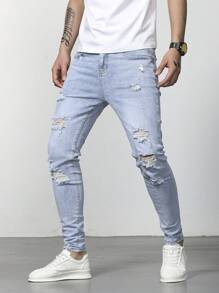 Manfinity Homme Hombres Jeans ajustados desgarro algodón - Lavado ligero - Ver 1