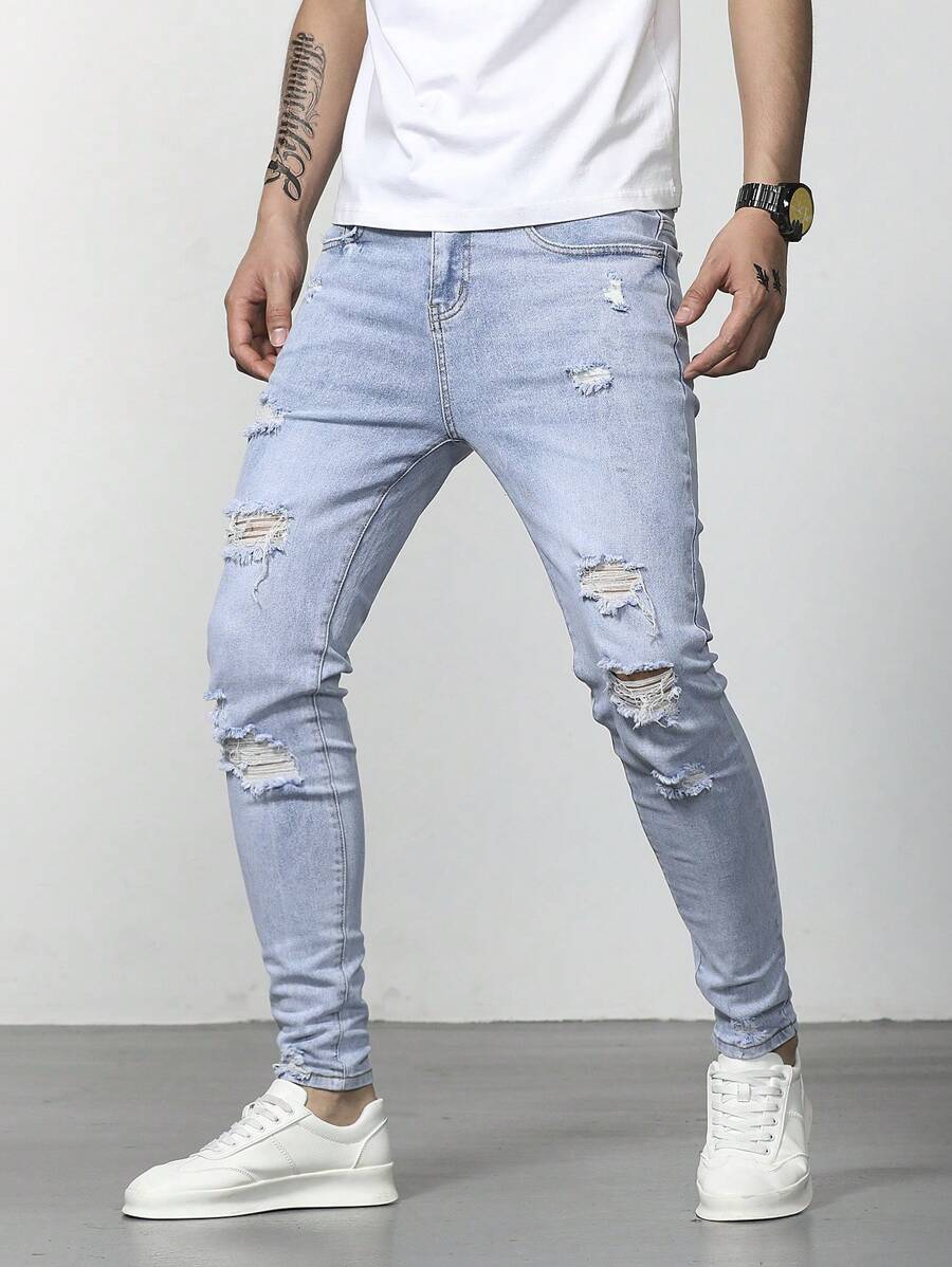 Manfinity Homme Hombres Jeans ajustados desgarro algodón - Lavado ligero - Ver 1