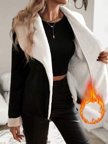 SHEIN Essnce Cazadora en contraste color felpa cuello manga larga - Negro - Ver 1