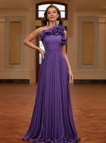 SHEIN Belle Vestido formal elegante con cuello asimétrico, con volantes y pliegues, ideal para graduación, fiesta de cena, boda como invitada - Morado - Ver 5