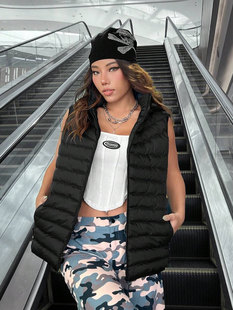 SHEIN Muchic Chaleco guateado con capucha - Negro - Ver 1