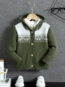 SHEIN Bé trai Chặn màu Hình bông tuyết áo có mũ Áo len Mở - Màu xanh lá cây đậm - Xem 1