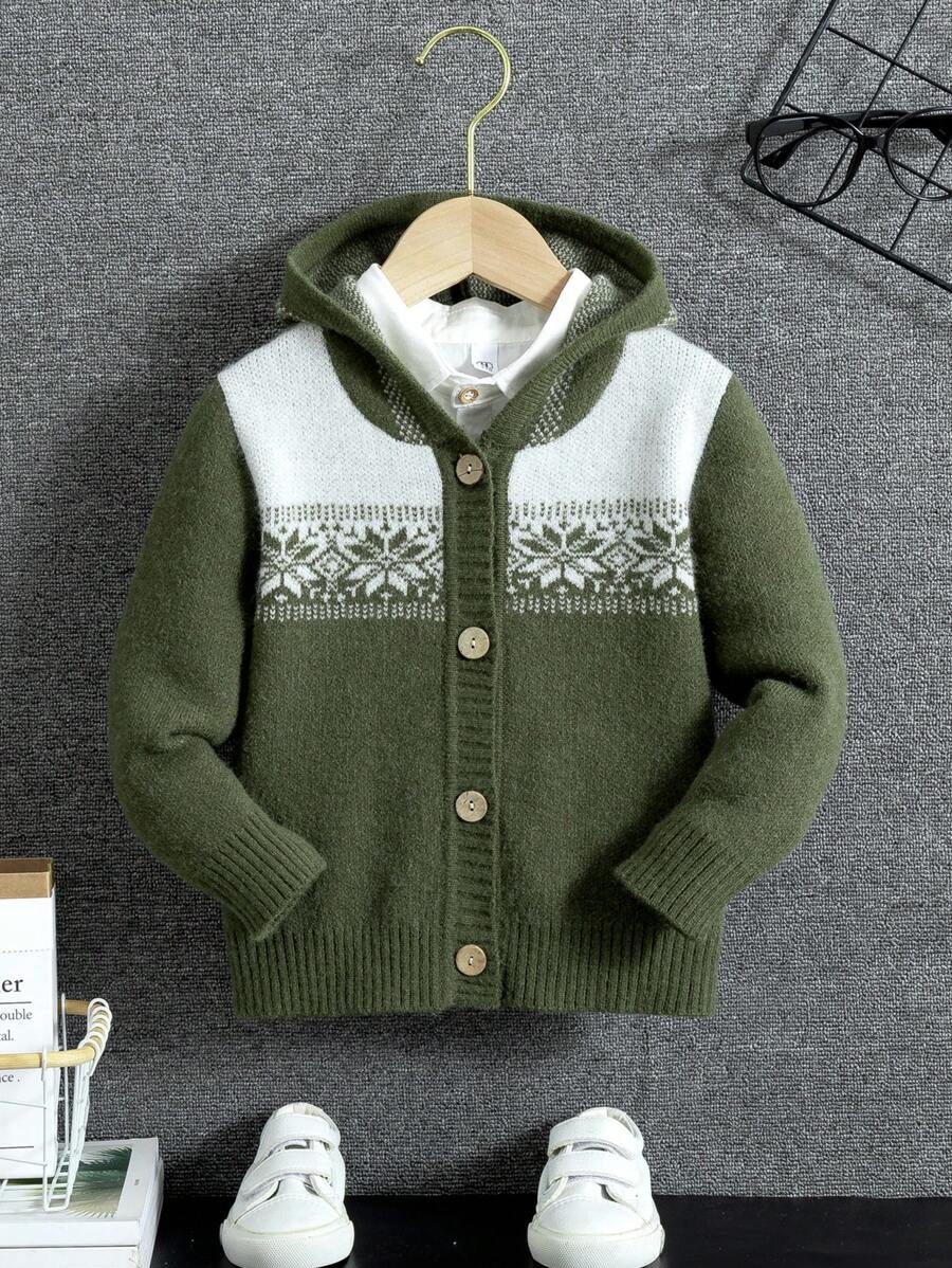 SHEIN Bé trai Chặn màu Hình bông tuyết áo có mũ Áo len Mở - Màu xanh lá cây đậm - Xem 1