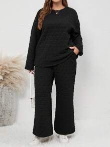 SHEIN LUNE 2入組/套 大尺寸純色圓領鑽石圖案設計上衣和褲子 - 黑色 - 查看 1