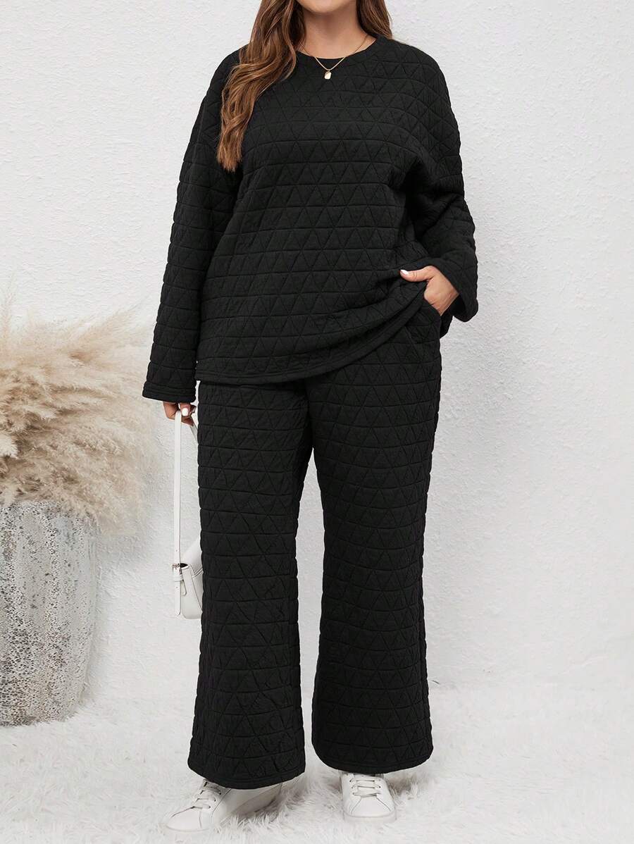 SHEIN LUNE 2入組/套 大尺寸純色圓領鑽石圖案設計上衣和褲子 - 黑色 - 查看 1
