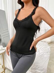 Ladies' Lace Trim Thermal Vest - Black - View 5