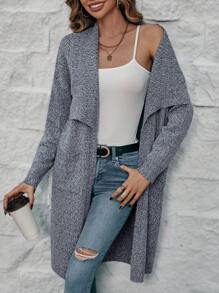 SHEIN Clasi Waterfall Collar Dual Pocket Drop Shoulder Duster Cardigan - Dark Grey - View 3