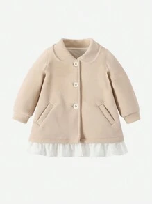 Đứa bé gái Nút phía trước Tương phản Ruffle Hem Áo khoác - Màu be - Xem 1