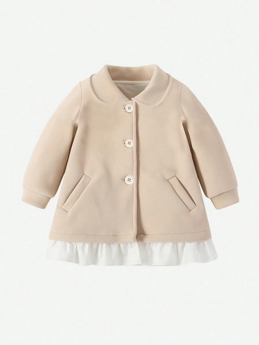 Đứa bé gái Nút phía trước Tương phản Ruffle Hem Áo khoác - Màu be - Xem 1