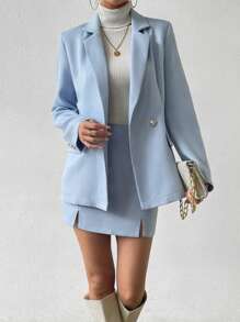 SHEIN Privé 西裝領西裝外套&開衩短裙 - 淺藍色 - 查看 1