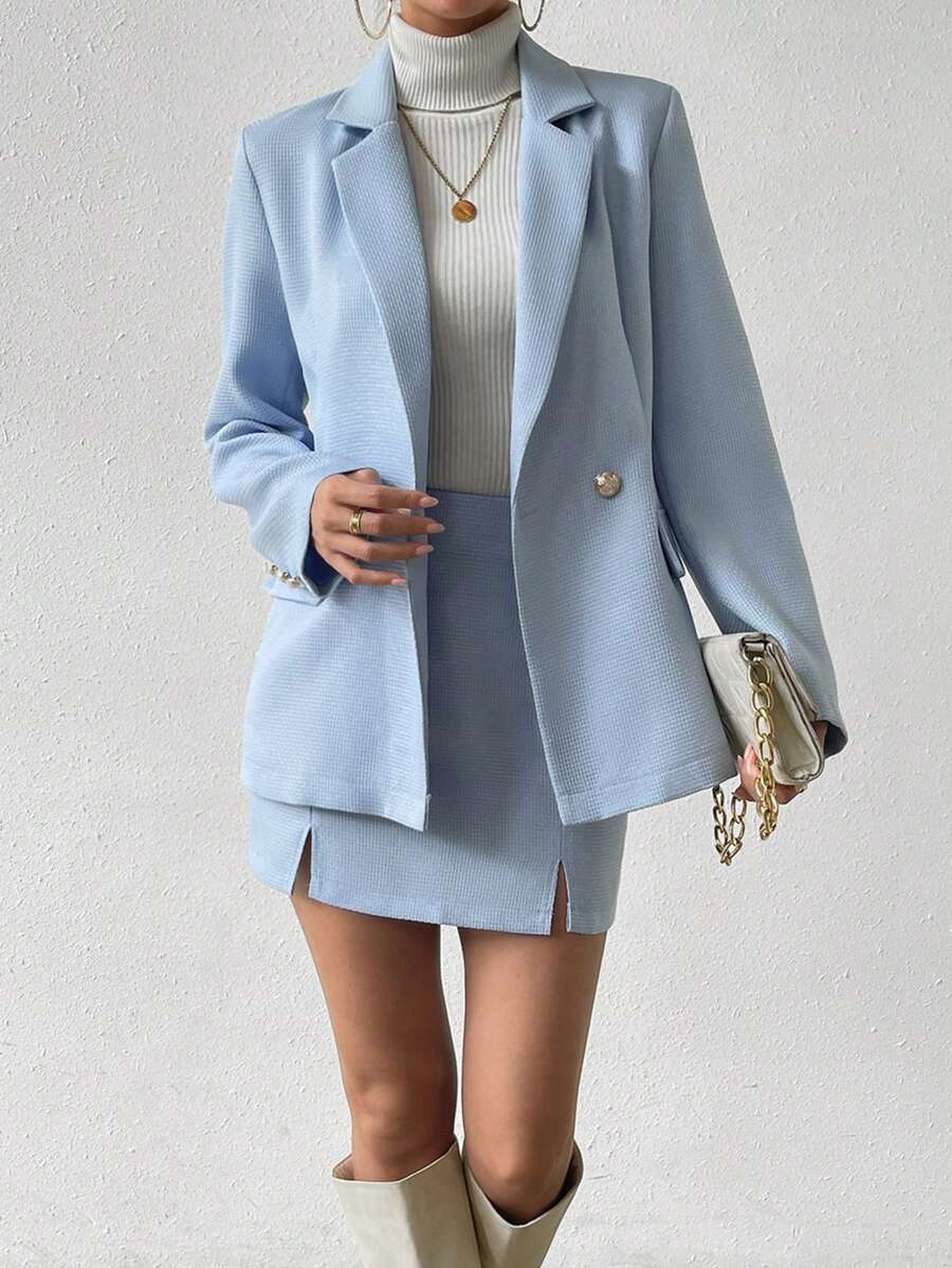 SHEIN Privé 西裝領西裝外套&開衩短裙 - 淺藍色 - 查看 1