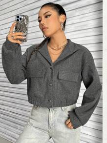 SHEIN Unity 純色長袖毛呢外套 - 深灰色 - 查看 5