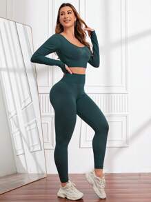 Yoga Basic 女式短上衣和緊身褲運動套裝 - 墨綠色 - 查看 4