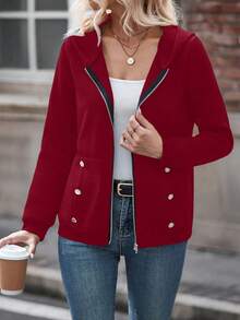 SHEIN LUNE 女款純色連帽常規運動衫 - 紅色 - 查看 3