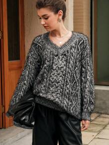 Anewsta Cable Knit Drop Shoulder Sweater - Black - View 6