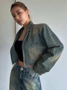 Dazy Star Women'S Drop Shoulder Water Wash Denim Jacket With Open Front - Medium Wash - View 6