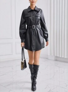 SHEIN Privé Da giả Quay xuống Vòng cổ Nút phía trước Váy có thắt lưng Với túi - màu đen - Xem 4