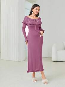 Modelyn Pearls Beaded Tie Front Ruffle Trim Sweater Dress - Purple - View 3