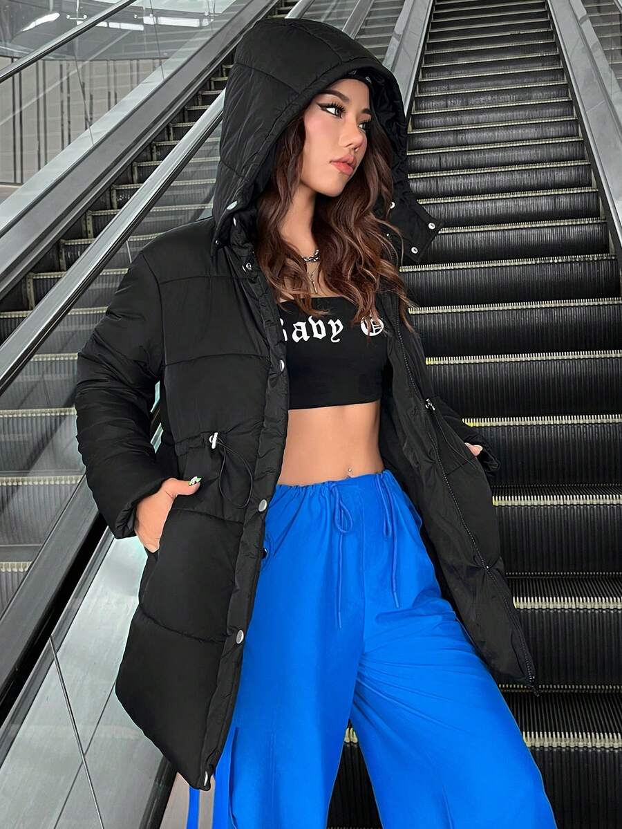 SHEIN EZwear 纯色连帽保暖棉服，腰部有抽绳 - 黑色 - 查看 1