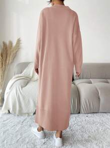 EURMUSE Màu thuần Thả vai Cổ chữ V Đầm Áo len - Bụi hồng - Xem 2