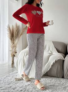 SHEIN Cottnline 女士心形豹纹睡衣套装（含上衣和裤子） - 紅色 - 查看 4