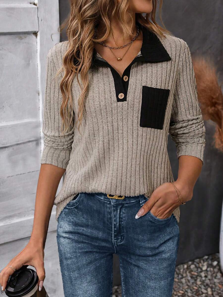 SHEIN LUNE Vá lại Cổ bẻ Tương phản Màu sắc Dài tay Áo thun - Nhiều màu - Xem 1