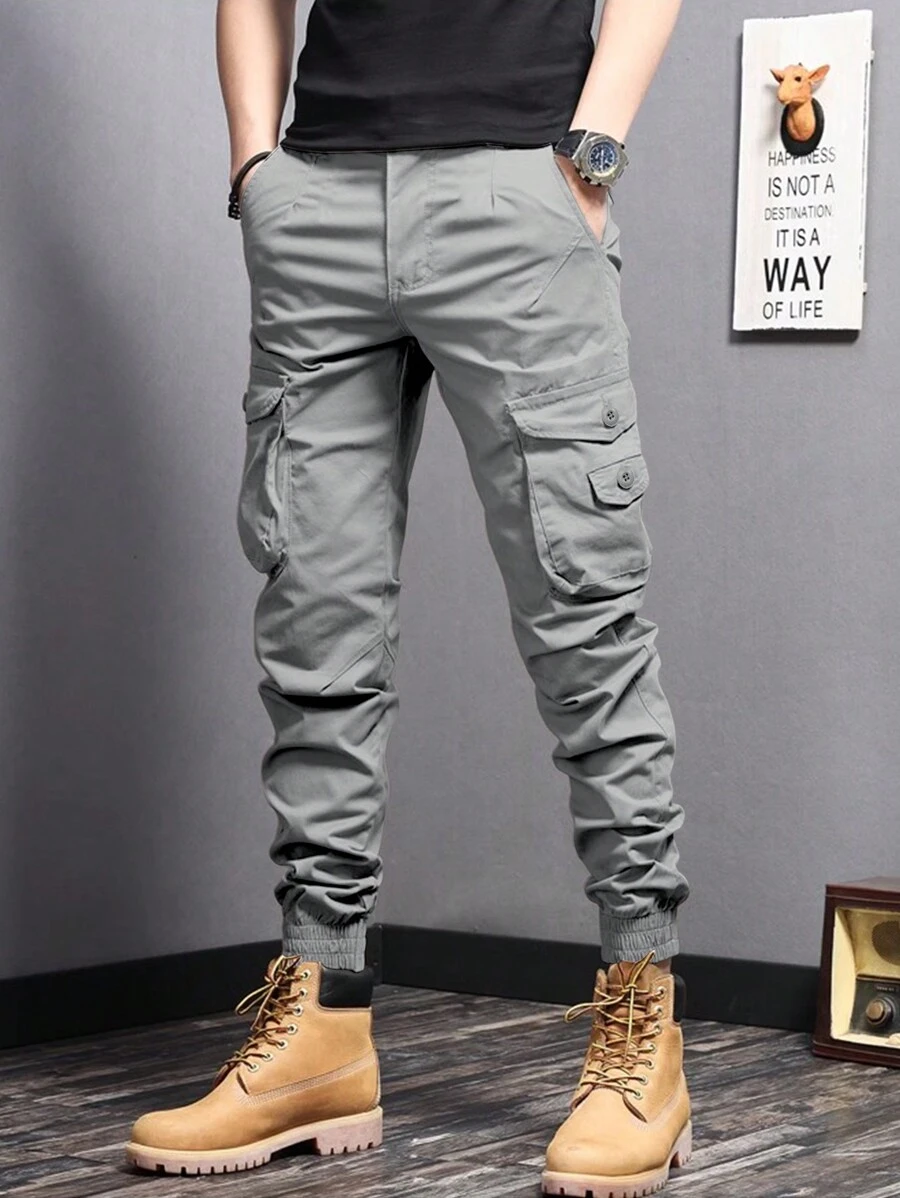 Manfinity Homme Men's Cargo Pants With Side Pockets And Elastic Cuffs, For Fall - Light Grey - View 1