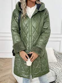Chiquease 女士拉链前连帽菱形格纹绗缝加厚棉服外套冬季 - 軍綠色 - 查看 6