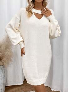 SHEIN LUNE 鏤空毛衣落肩連身裙 - 米色 - 查看 6