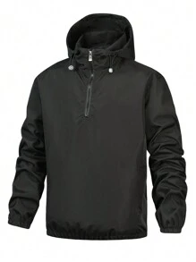 Manfinity Homme 男裝拉鍊前扣綁帶帽夾克 - 黑色 - 查看 1