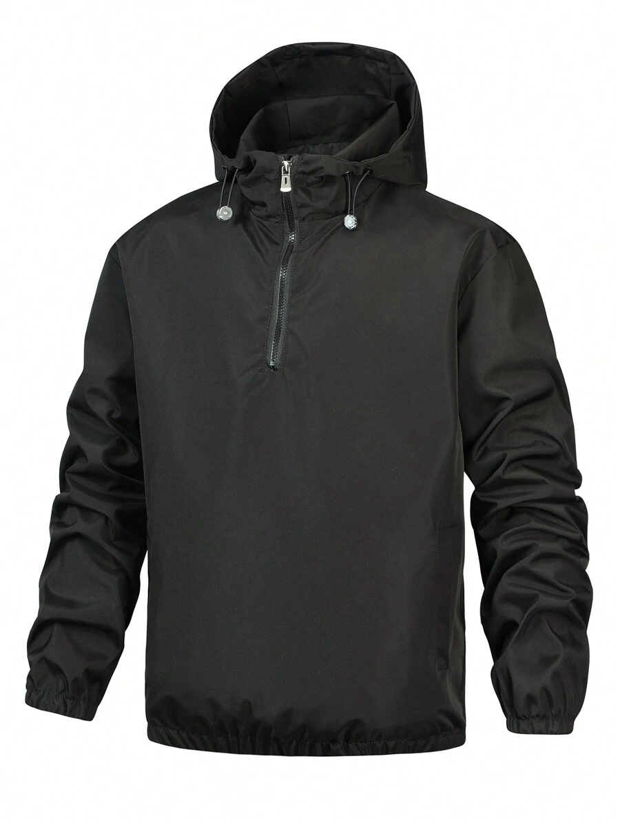 Manfinity Homme 男裝拉鍊前扣綁帶帽夾克 - 黑色 - 查看 1