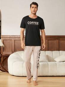 English Print Men's Short Sleeve And Long Pants Set - Black - View 4