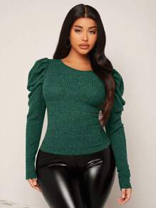 SHEIN SXY Women's Solid Color Leg Of Mutton Sleeve T-shirt - Dark Green - View 4
