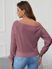 SHEIN Essnce Cổ không đối xứng Thả vai Gân đan Áo chui đầu - Bụi hồng - Xem 2