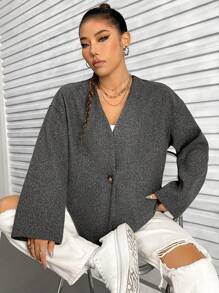 SHEIN Unity Của phụ nữ Thả vai Len Áo khoác - Màu xám đen - Xem 6