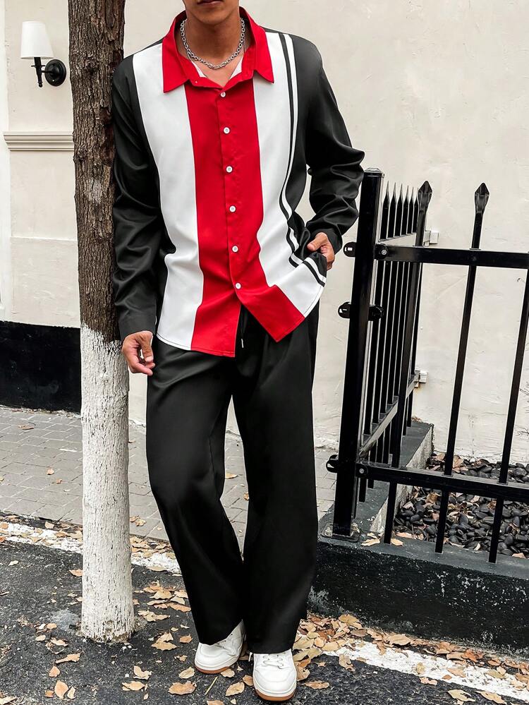 Men Plus Color Block Long Sleeve Shirt And Pants Set