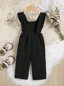 SHEIN Baby Girl Ruffle Trim Corduroy Overall Jumpsuit Without Sweater - Black - View 2