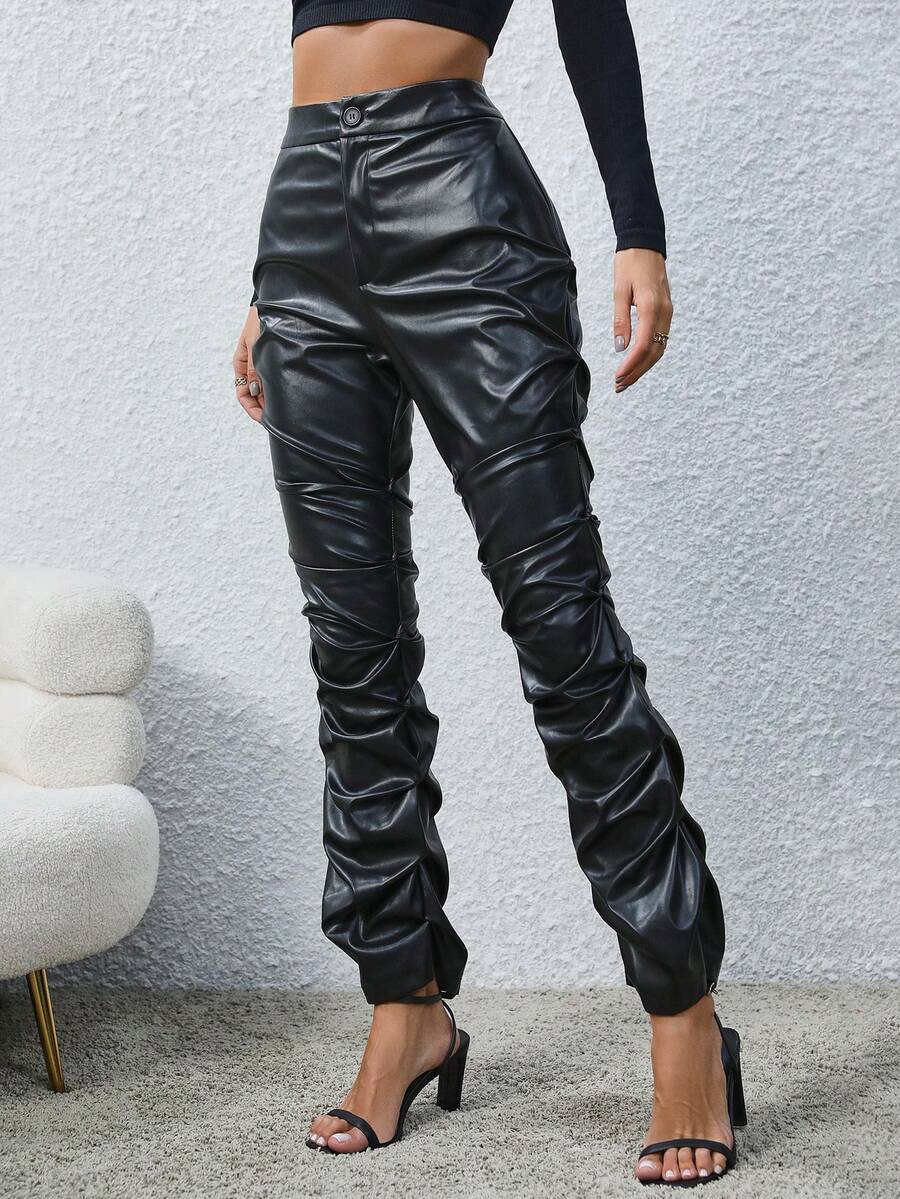 SHEIN Clasi Stacked PU Leather Pants - Black - View 1