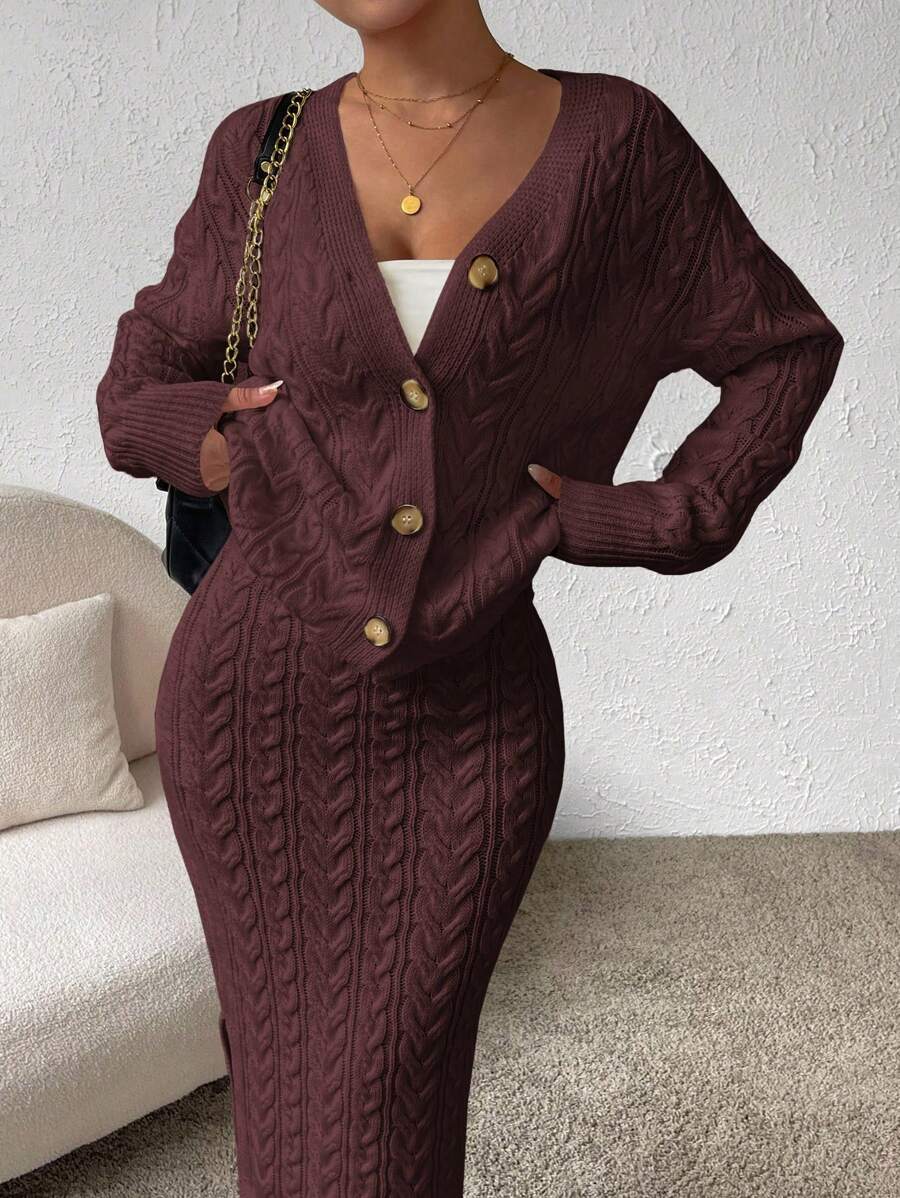 SHEIN Essnce Knitted Cable Cardigan And Skirt Two Piece Set - Coffee Brown - View 1