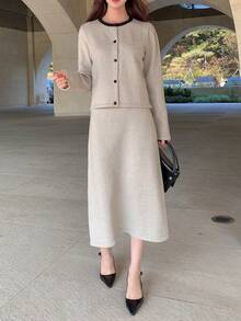 Dazy Star Contrast Trim Cardigan & Knit Skirt - Light Grey - View 8