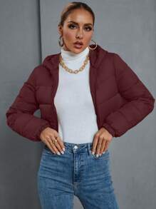 SHEIN EZwear Áo khoác đệm dày tay dài có khóa kéo phía trước màu trơn cho nữ, quần áo mùa đông - Màu Đỏ Sâu - Xem 3
