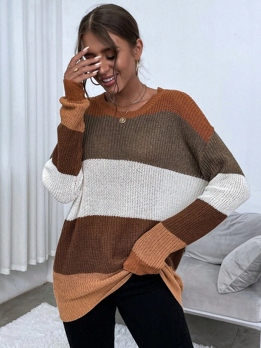 SHEIN LUNE Women'S Contrast Color Round Neck Drop Shoulder Sweater - Brown - View 1