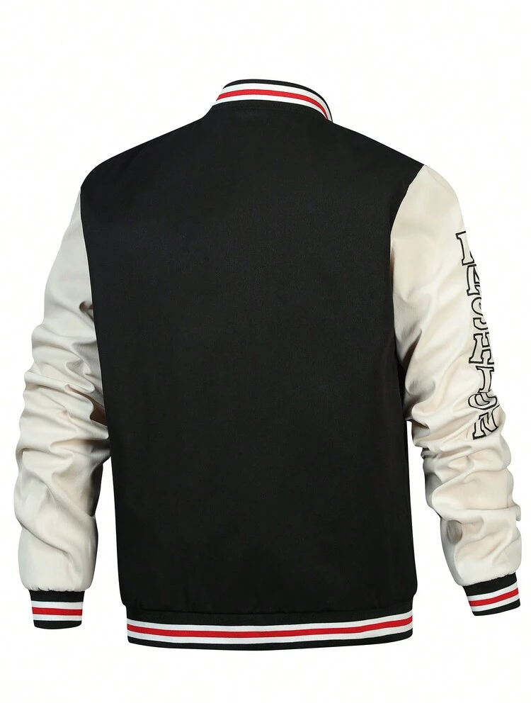 Men Letter Embroidered Striped Trim Colorblock Varsity Jacket
