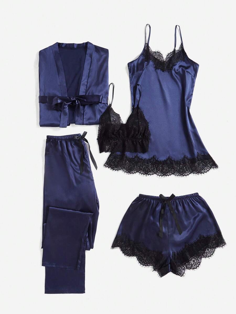 5pcs/Set Lace Splice Pajama Set - Navy Blue - View 1