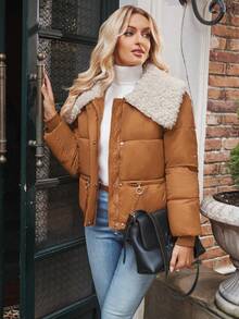 SHEIN LUNE Abrigo acolchado casual de dos tonos con cuello esponjoso para ropa de invierno