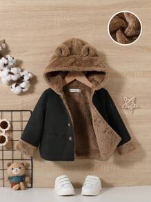 SHEIN Baby Boy Teddy Lined 3D Ear Design Hooded Coat - Black - View 1