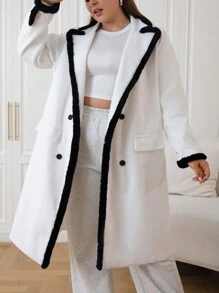 SHEIN EZwear 加大尺碼拼色羊毛大衣,邊緣細節處理 - 黑與白 - 查看 3