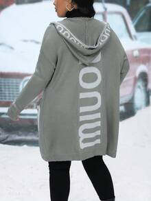 Calvaya Plus Letter Pattern Dual Pocket Drop Shoulder Hooded Cardigan - Grey - View 2