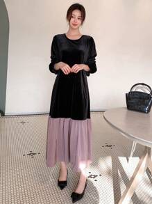 Dazy Star 女士色塊絨面優雅連衣裙 - 黑色 - 查看 3