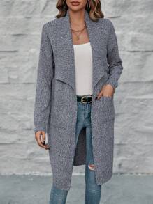 SHEIN Clasi Waterfall Collar Dual Pocket Drop Shoulder Duster Cardigan - Dark Grey - View 4